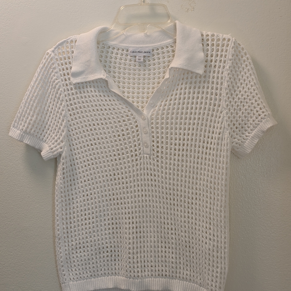 Calvin Klein White Knit Button Down Shirt